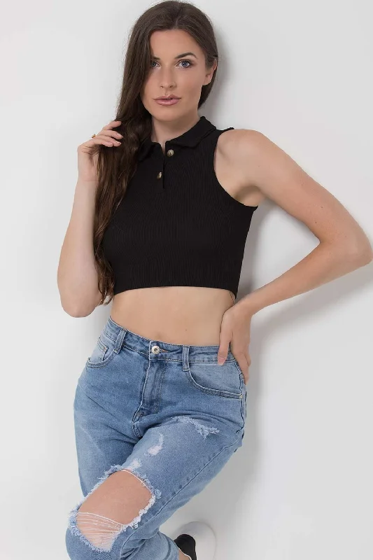 Black Rib Polo Collar Crop Top