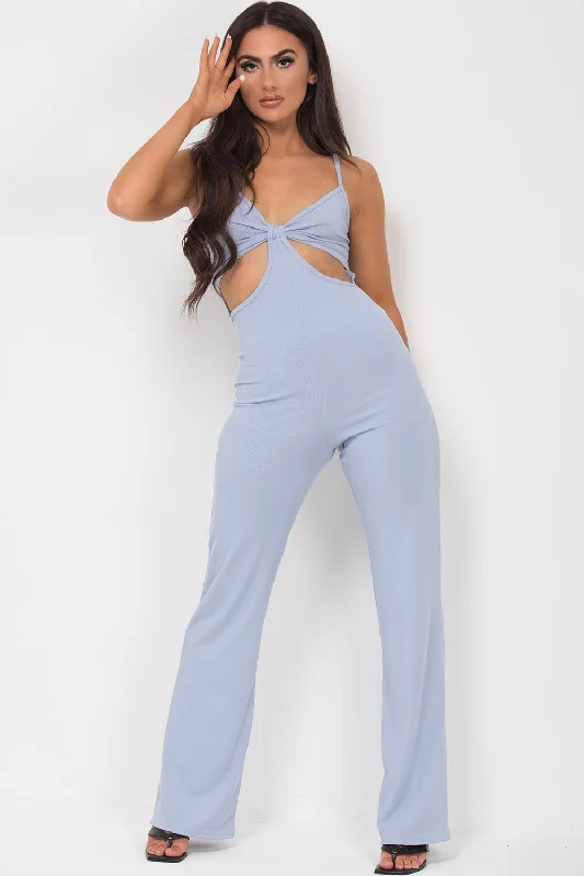 Cut Out Front Rib Jumpsuit Blue