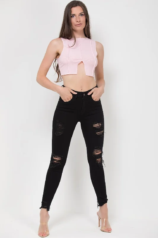 Contrast Overlock Stitch Ribbed Crop Top Pink