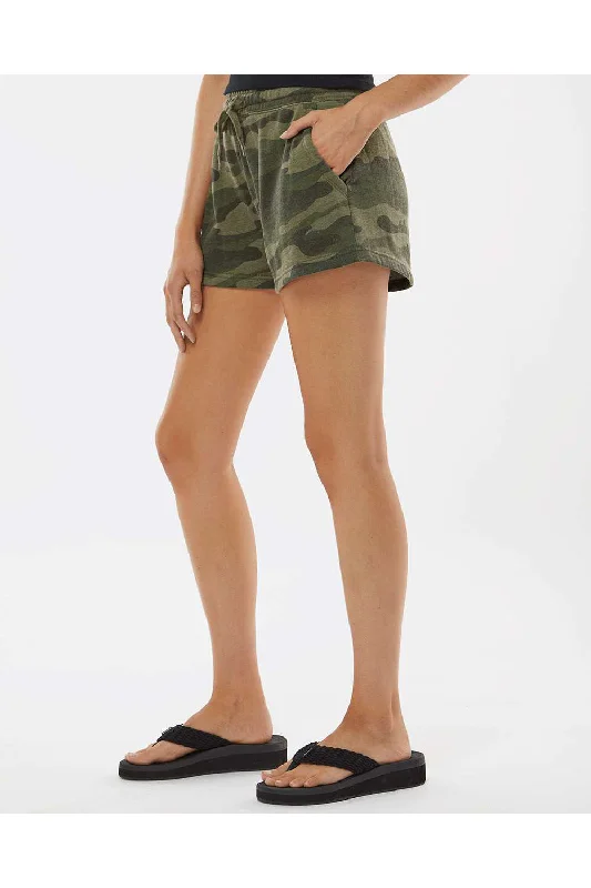 Independent Trading Co. Womens California Wave Wash Fleece Shorts w/ Pockets - Heather Forest Green Camo - NEW