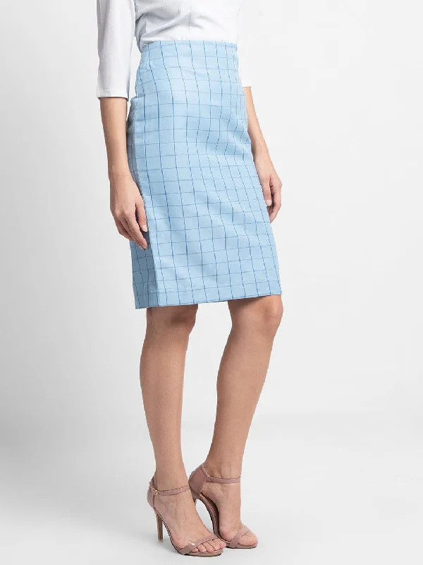 Windowpane Check Straight Skirt - Light Blue