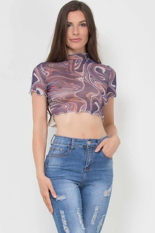 Marble Print Mesh Crop Top Purple