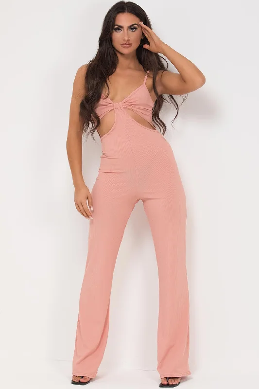 Pink Cut Out Front Rib Jumpsuit