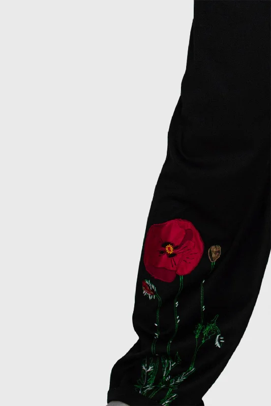 Poppy Flower Trousers - Embroidered Black Wool