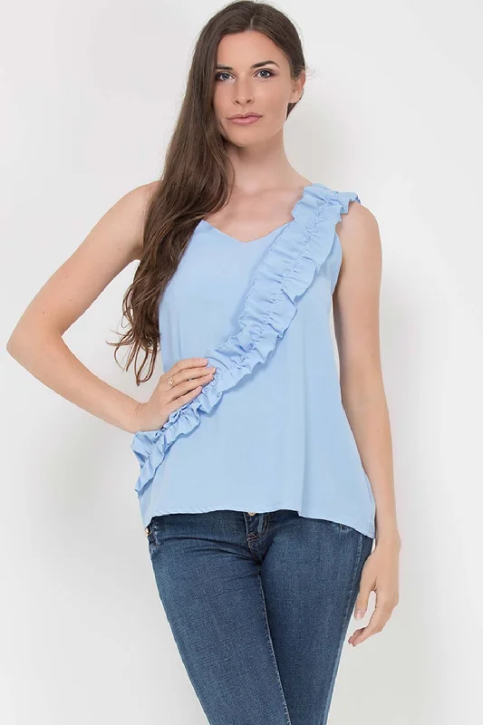 Ruffle Trim Cami Vest Top Sky Blue