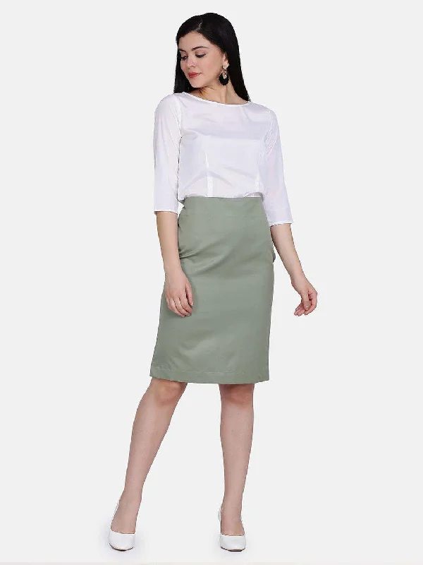 Poly Cotton Straight Skirt - Sage Green