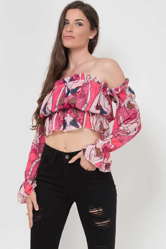 Scarf Print Ruffle Off Shoulder Crop Top Pink