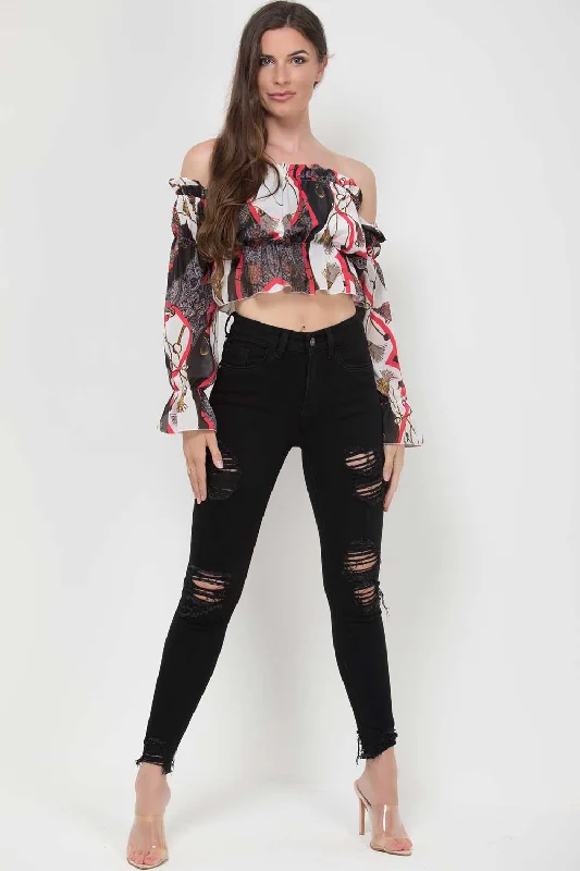 Scarf Print Ruffle Off Shoulder Crop Top