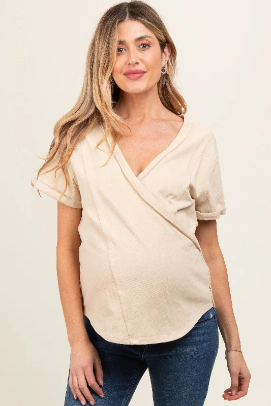 Beige Wrap Short Sleeve Raw Hem Maternity Top