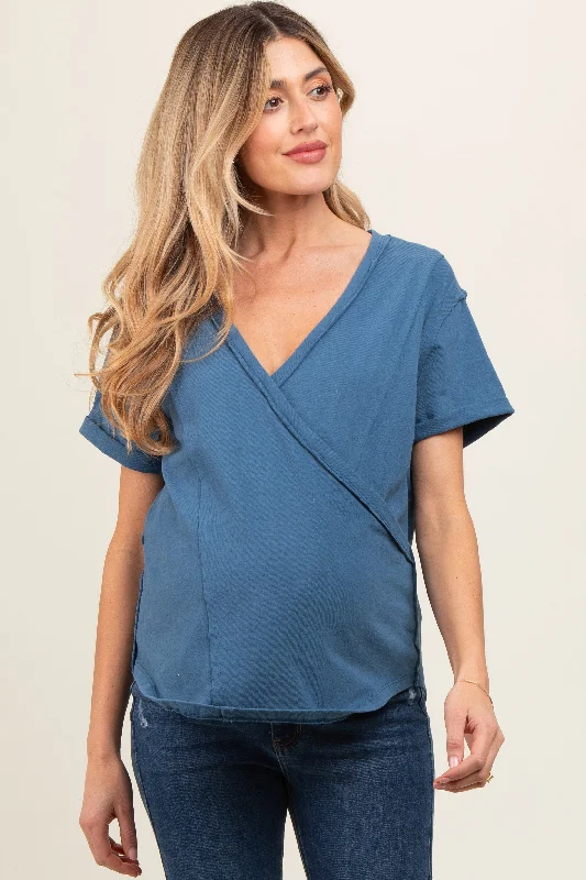 Blue Wrap Short Sleeve Raw Hem Maternity Top