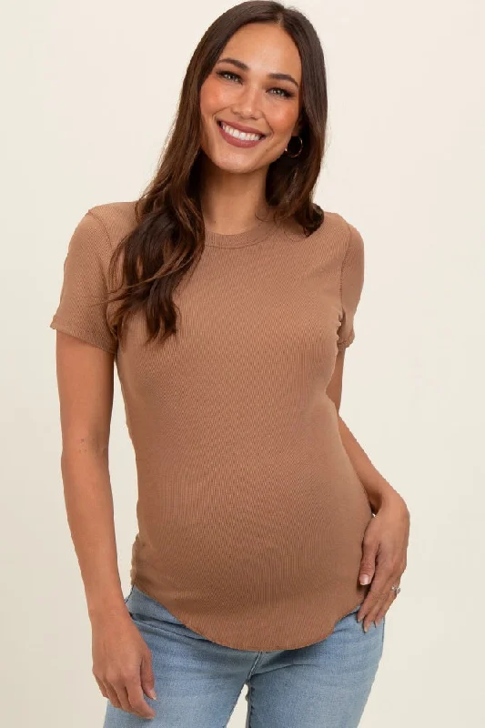 Camel Ribbed Short Sleeve Curved Hem Maternity Top