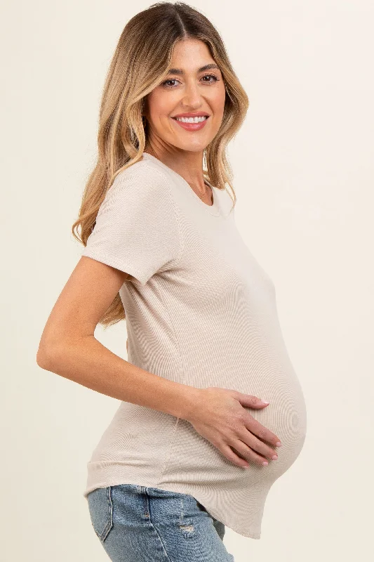 Cream Ribbed Short Sleeve Curved Hem Maternity Top