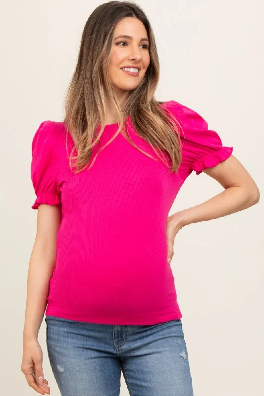 Fuchsia Ribbed Puff Sleeve Maternity Top