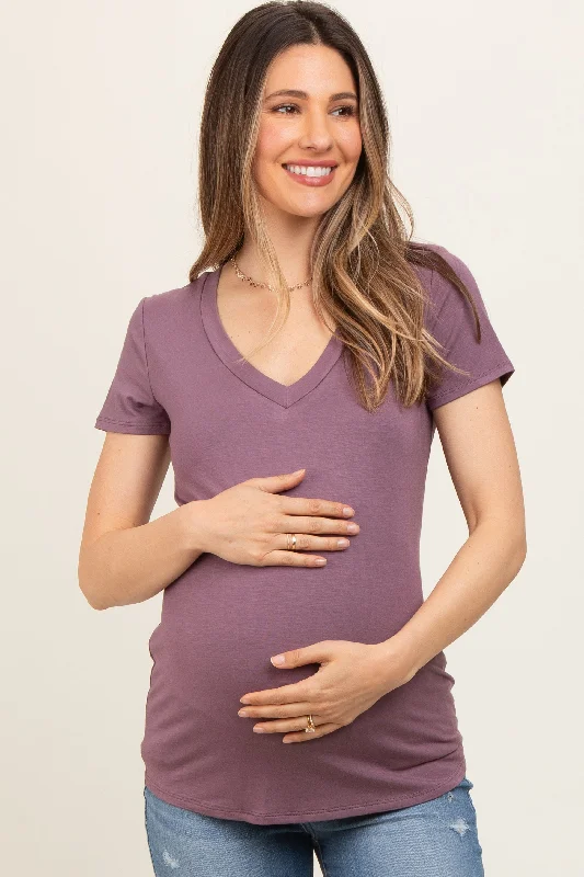 Purple V-Neck Short Sleeve Maternity Top