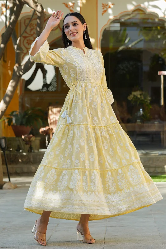 Lemon Yellow  Printed Teired Dress