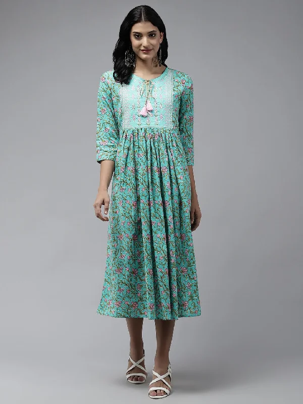 Women Sea Green Cotton Dress