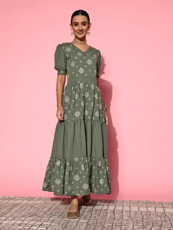 Women Olive Dobby Dress