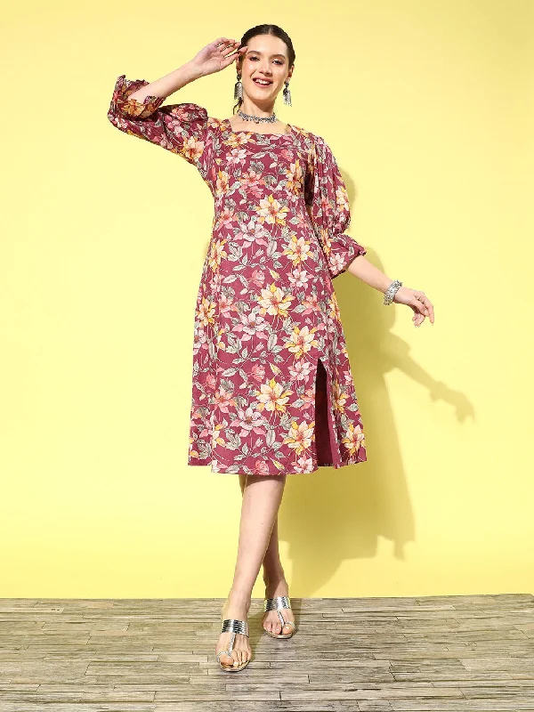 Women Burgundy Pure Cotton Dress