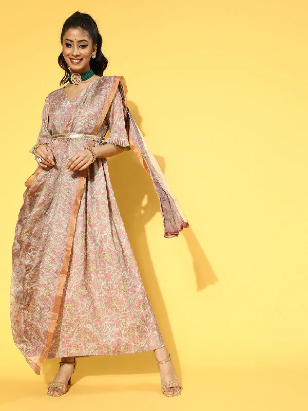 Women Peach Viscose Rayon Dress With Dupatta