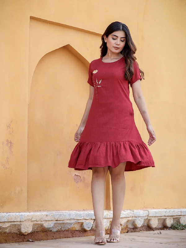 Women Maroon Viscose Rayon Dress