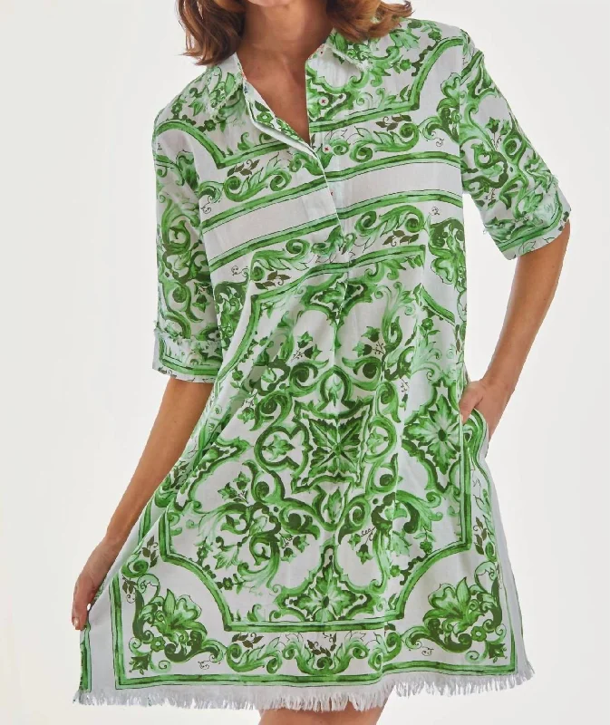 Chatham Dress In Green White Tile