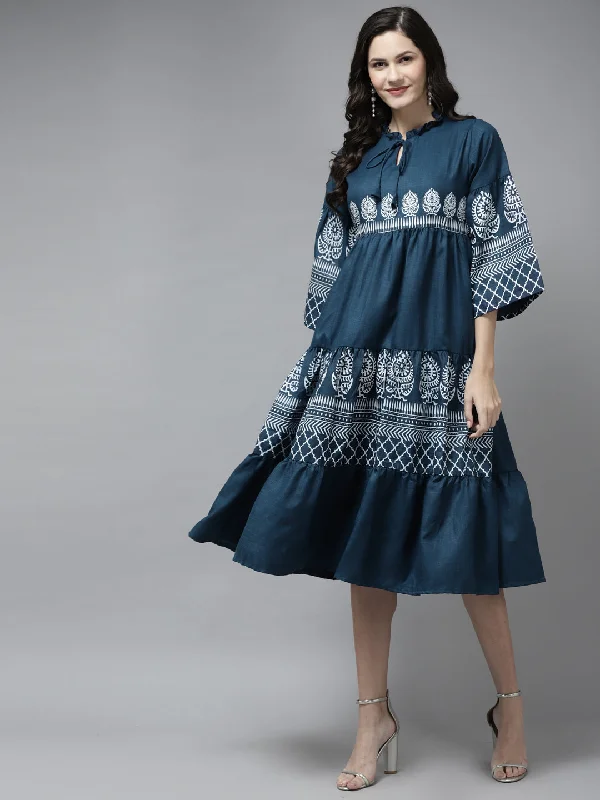 Blue Printed Dress With Ruffle Detailing
