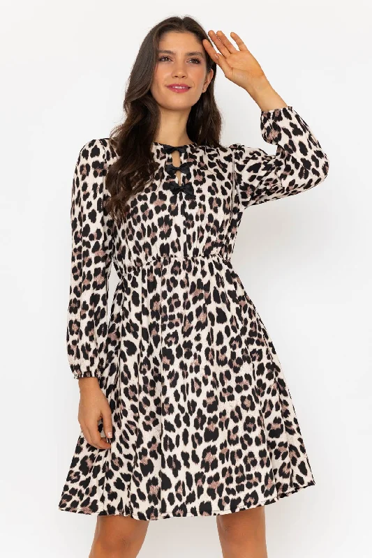 Leopard Print Bow Detail Knee Length Dress