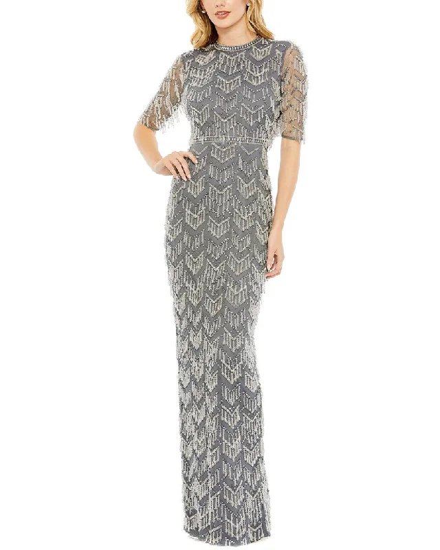 Mac Duggal Beaded Fringe Quarter Sleeve Column Gown