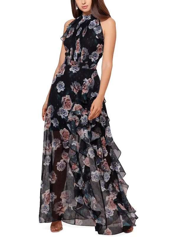 Petites Womens Gown Asymmetric Halter Dress