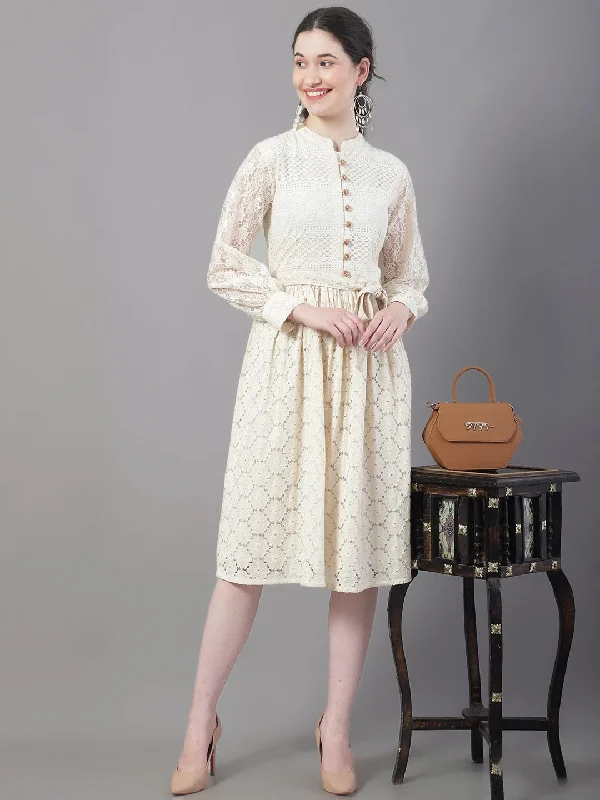 Women Self Design Cotton Schiffli Fit & Flare Dress