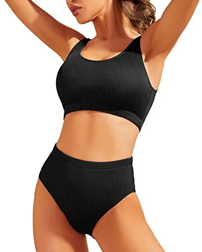 High Waisted Ribbed Bikini Two Piece Bathing Suit For Women-Black Wrap-around bikini, Sexy, Trendy, Comfortable