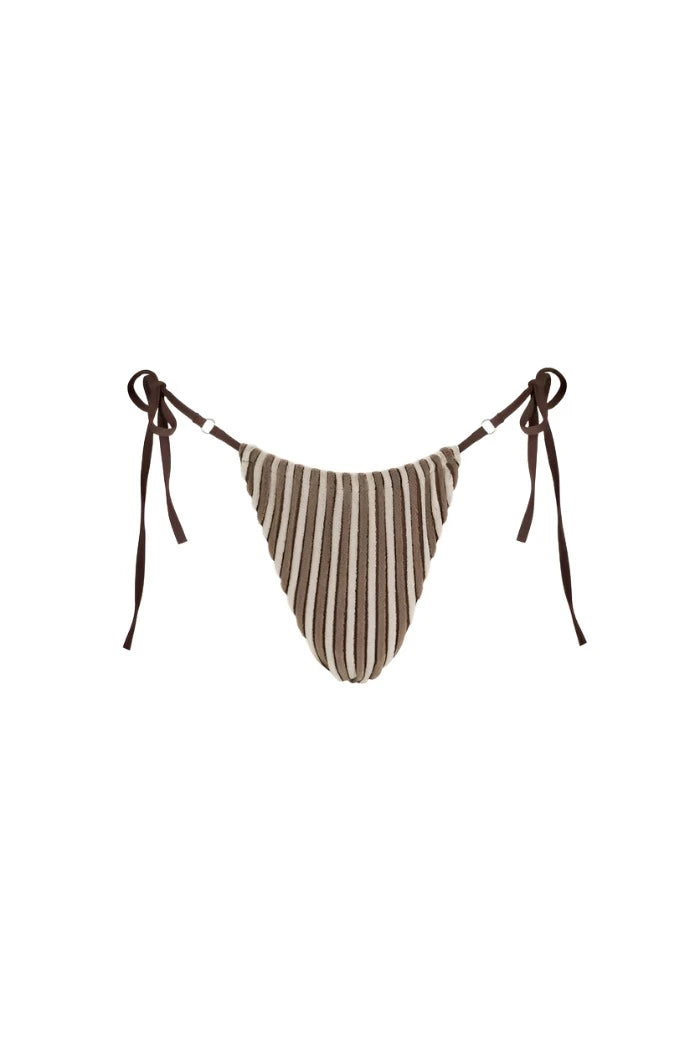 RHYTHM Women's Terry Sands Stripe Gathered Tie Side Itsy Bikini Bottom Cocoa Skirted bikini bottom, Feminine, Stylish, Comfortable