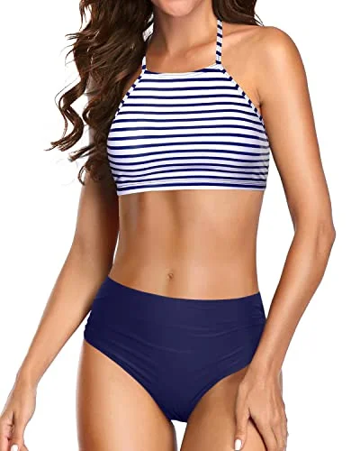 Removable Padding Triangle Bikini Sets For Women-Blue White Stripe High-leg bikini bottom, Sexy, Retro, Trendy Removable Padding Triangle Bikini Sets For Women-Blue White Stripe High-leg bikini bottom, Sexy, Retro, Trendy