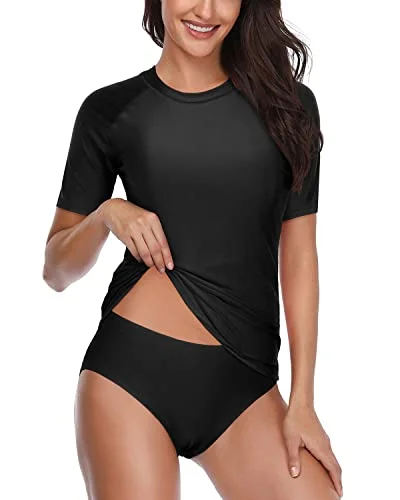 Short Sleeve Women's Rash Guard Set With Bikini Bottom Upf 50+ Spf-Black Fishnet bikini, Sexy, Edgy, Trendy