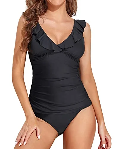 Ruffle V Neck Tankini Bathing Suit With Mid Waisted Bikini Bottom-Black Ribbed top bikini, Textured, Comfortable, Chic